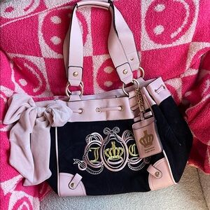 Juicy Couture Pink and Black Shoulder Bag with Crown Design